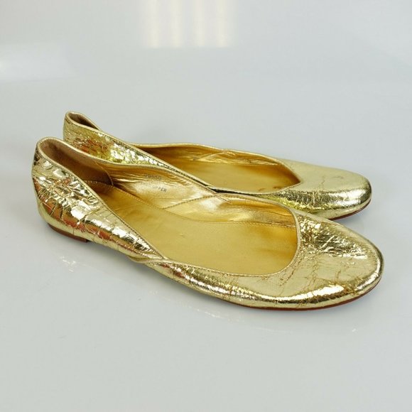 J. CREW Made in Italy Women's Leather Gold Ballet Flat Shoes 9.5 Shiny Round Toe